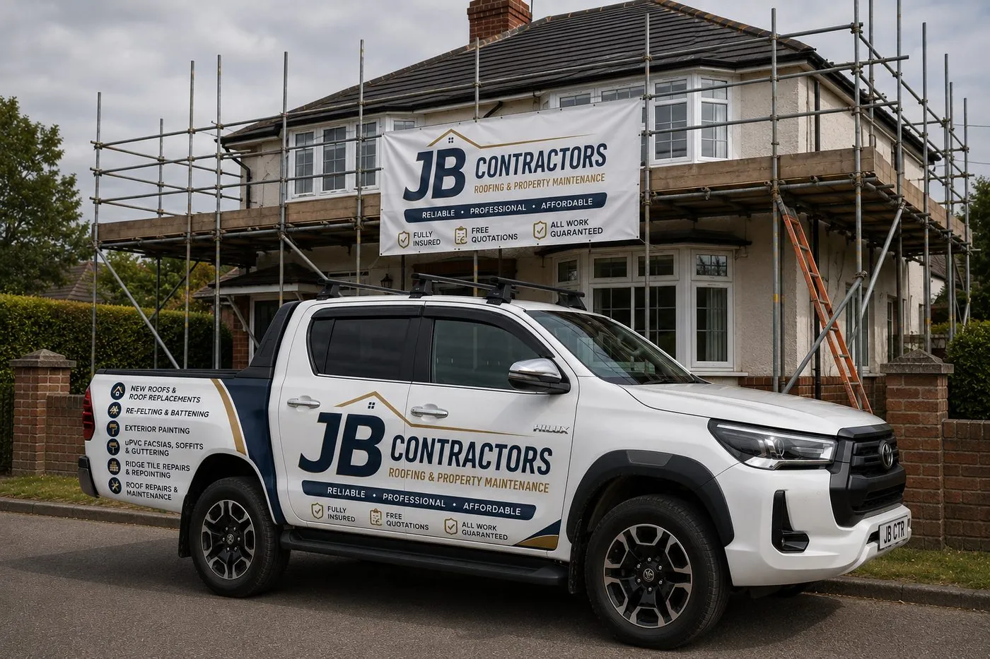Newton Abbot Roofing pickup truck on site at a scaffolded roofing job in Newton Abbot